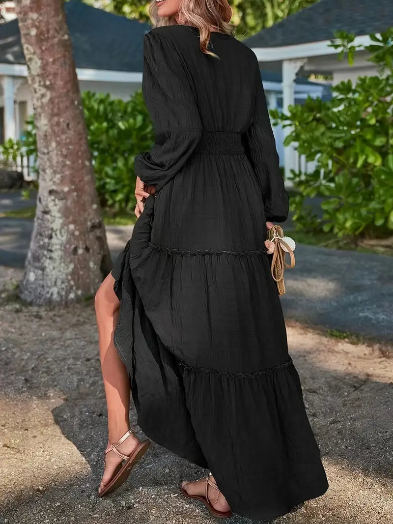 Solid V-Neck Textured Maxi Dress – Vacation Style, Smocked Long Sleeves