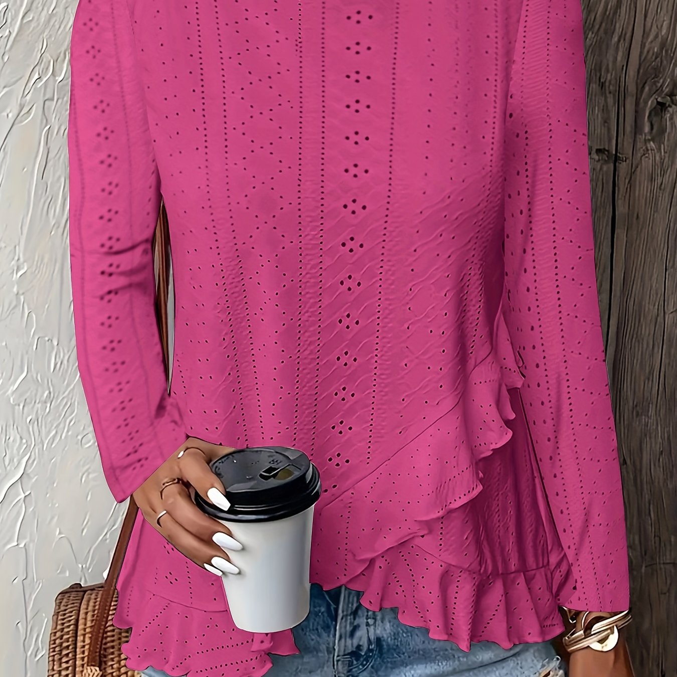 Camiseta feminina de manga comprida com babados e gola redonda, elegante e estilosa, primavera e outono, confortável e respirável, tecido jacquard de cor sólida