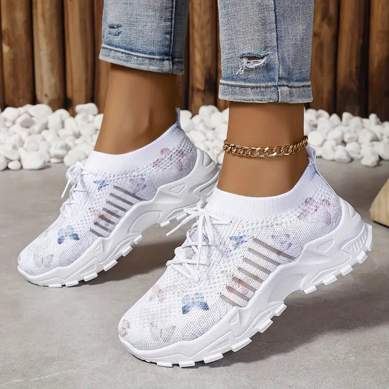 Damen-Sneaker mit Schmetterlingsmuster – Schnürschuhe, atmungsaktives Strick-Low-Top