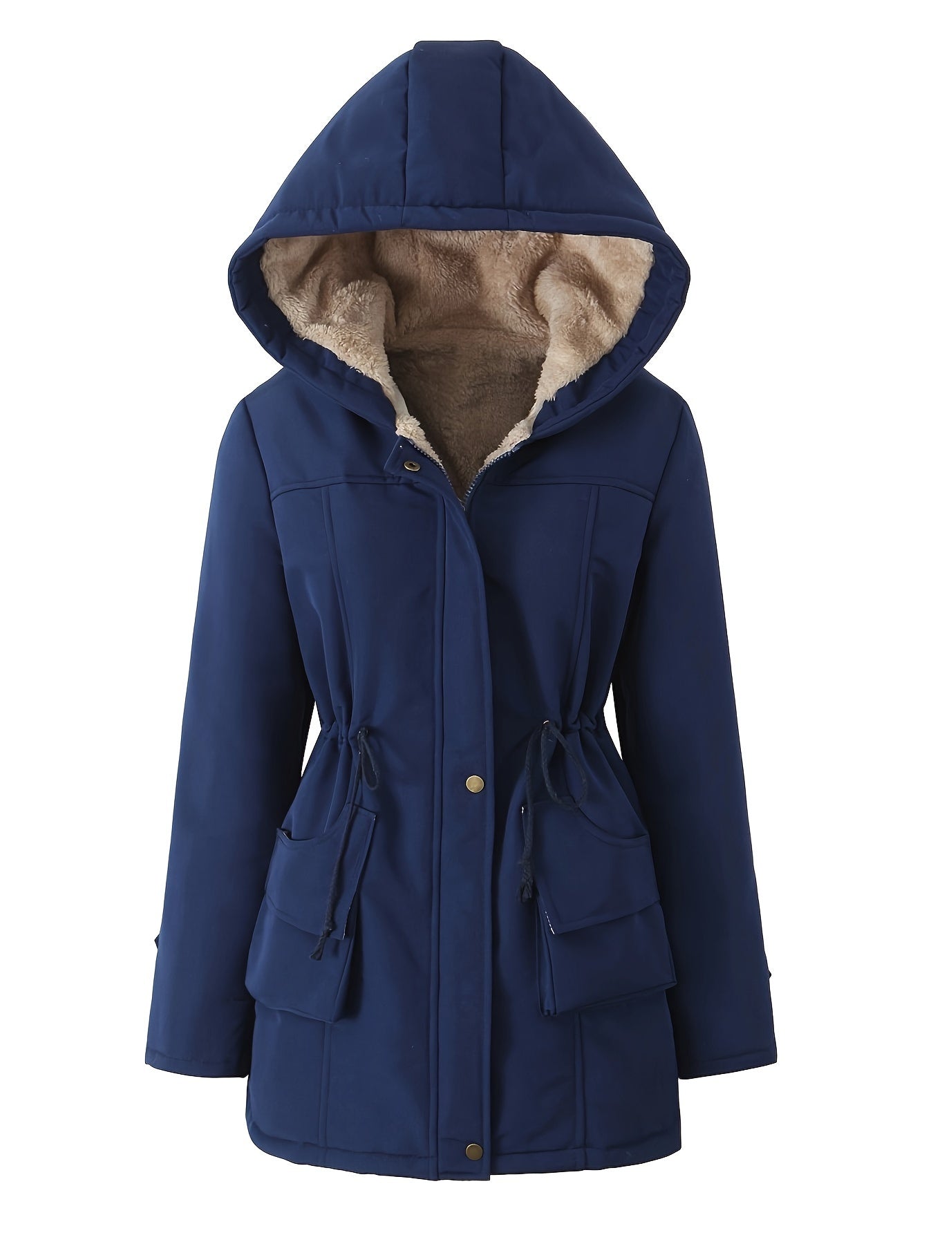 Women's Hooded Midi Coat, Padded, Drawstring Detail