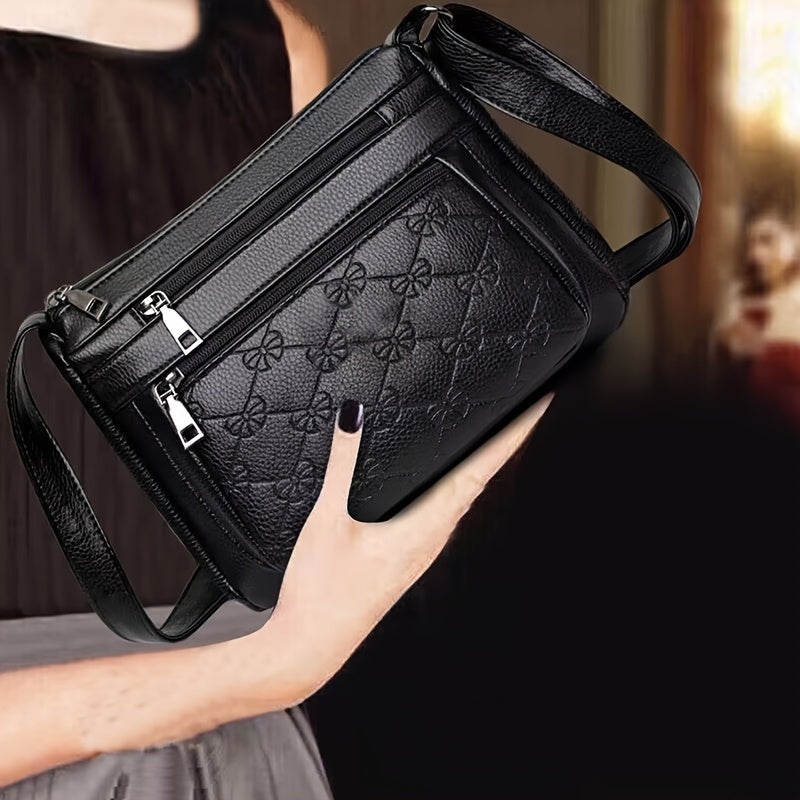 Bolsa acolchoada crossbody - couro sintético, cor sólida, enfeite de borla, fecho de zíper
