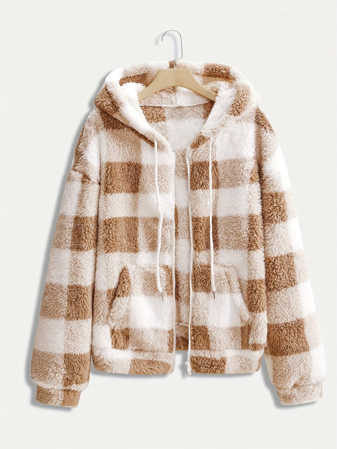 Plaid Hooded Zipper Coat, Casual Fall/Winter Outerwear