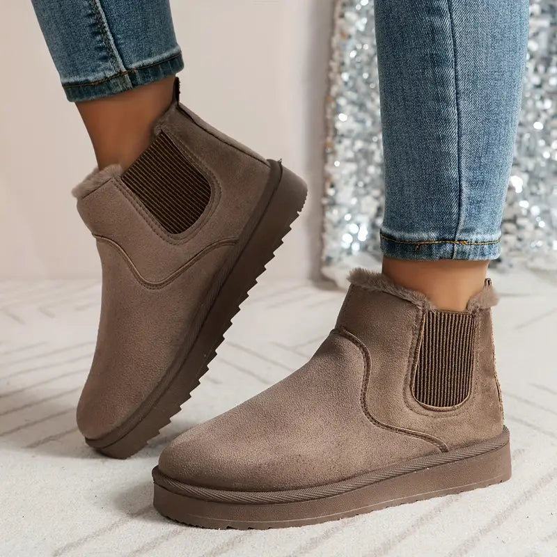 Kurze Stiefel für Damen in Volltonfarbe – Lässiger Slipper, Plüschfutter, bequeme Winterstiefel