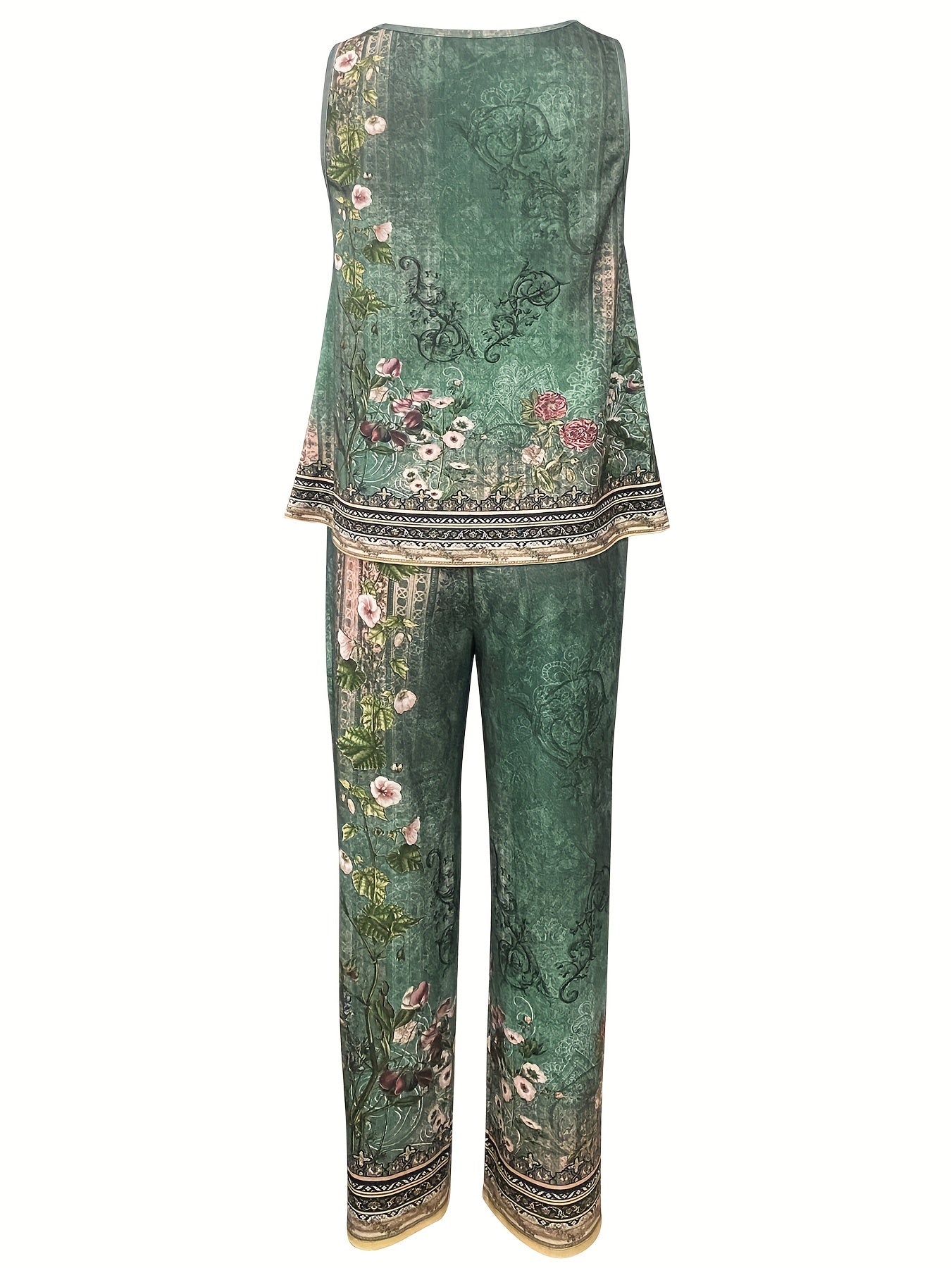 Floral Print Casual Pants Set, Crew Neck Tank Top & Pants Outfits For Summer, Women's Clothing