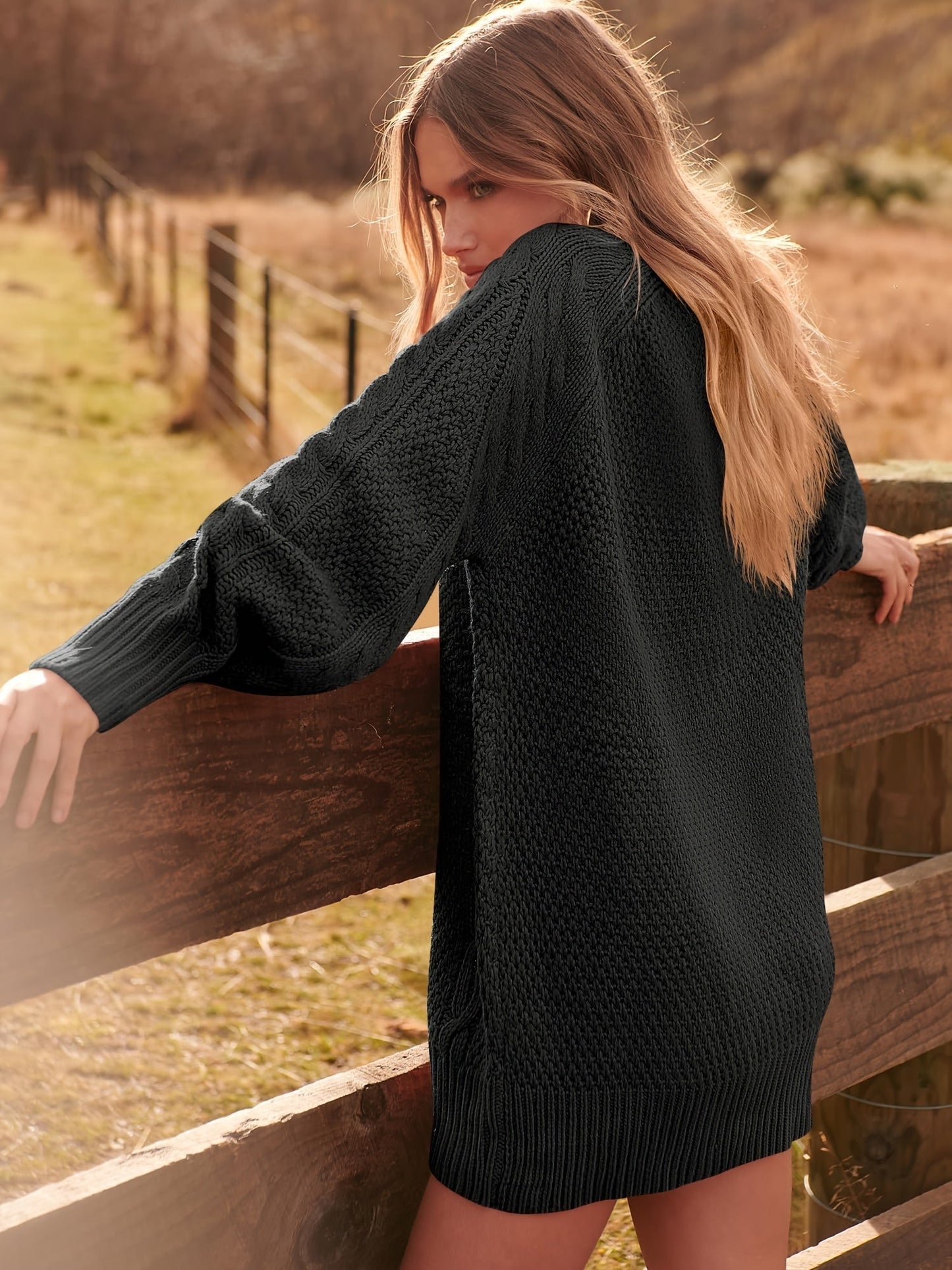 Women's Oversized Twisted Flower Knit Sweater Dress - Long Sleeve, Mini Length