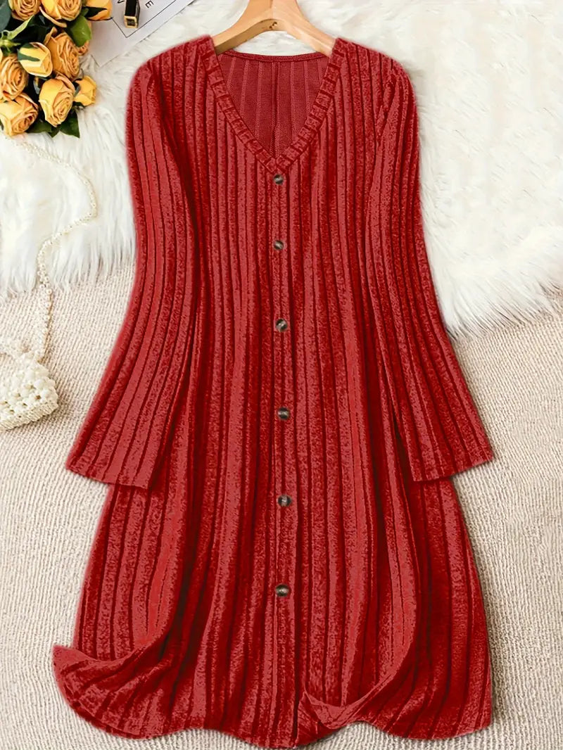 Plus Size V-Neck Ribbed Dress – Long Sleeve, Button Front, Casual Fall & Winter Wear