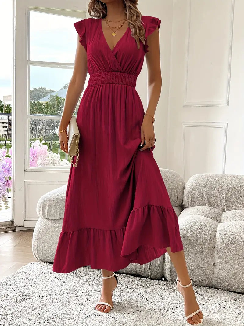 Elegant Royal Blue Maxi Dress – Ruffle Sleeves, Deep V-Neck, Cinched Waist, Asymmetrical Hem