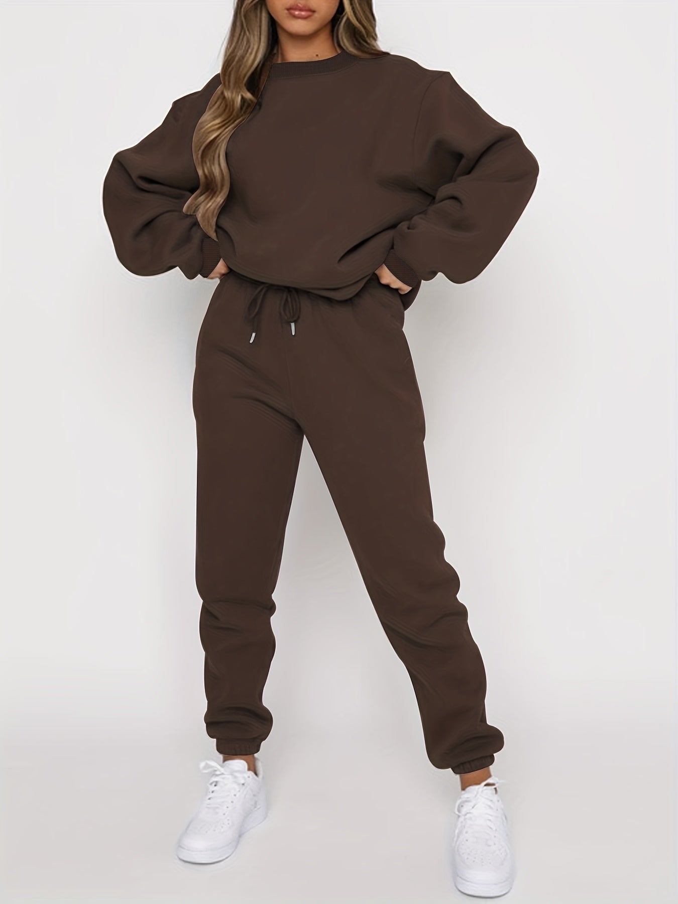 Solid Casual Two-piece Set, Crew Neck Top & Drawstring Jogger Pants
