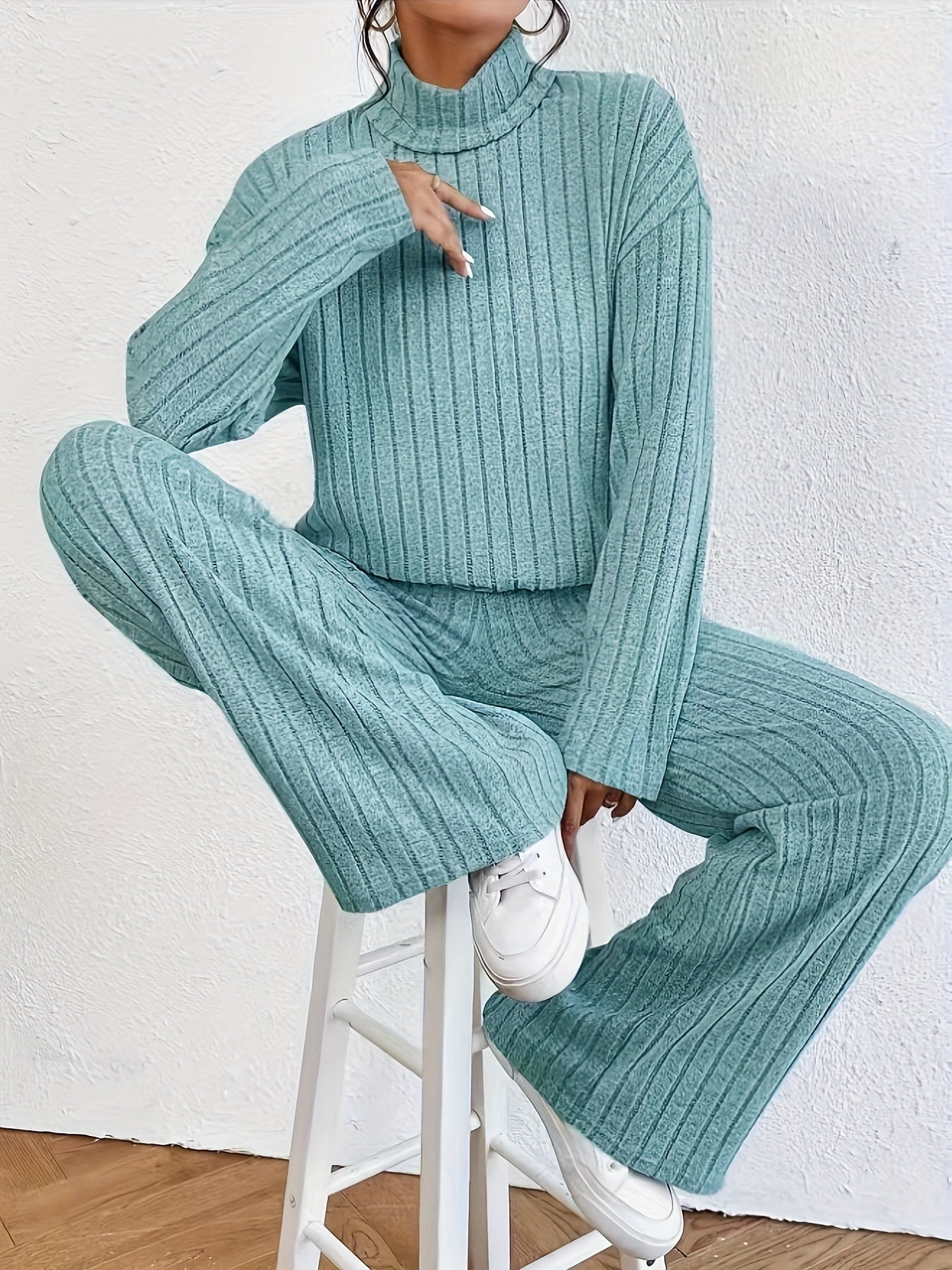 Solid Ribbed Two-piece Set, Mock Neck T-shirt & Wide Leg Pants
