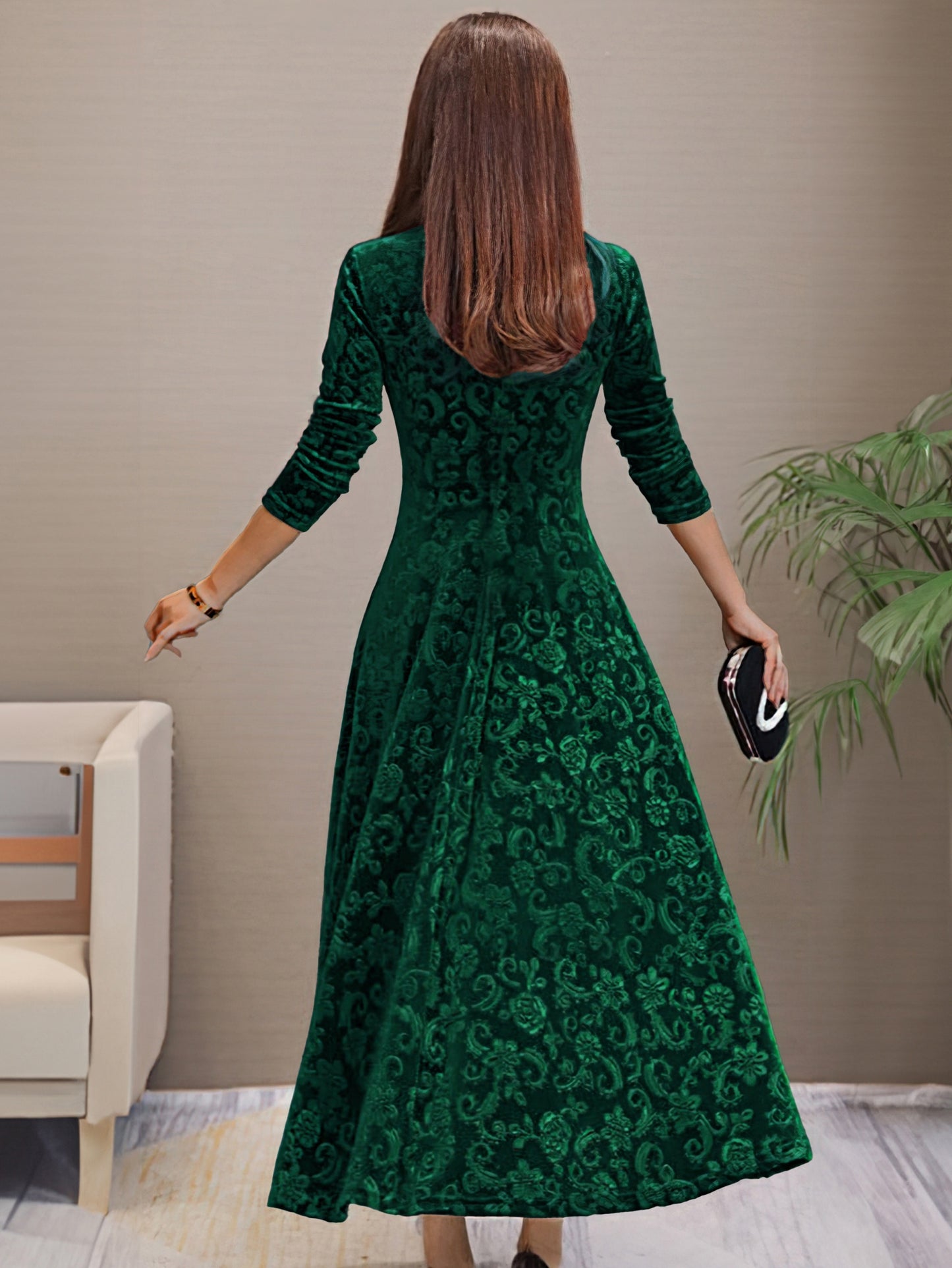 Vestido longo liso, decote em V, manga comprida, estilo elegante para primavera/outono.