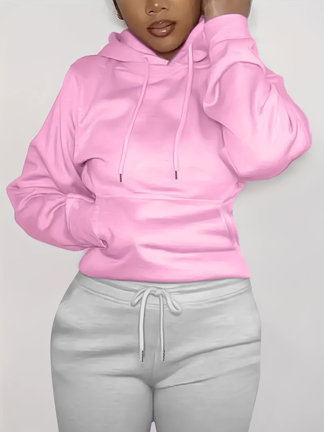 Solid Kangaroo Pocket Hoodie - Casual Long Sleeve Drawstring Sweatshirt
