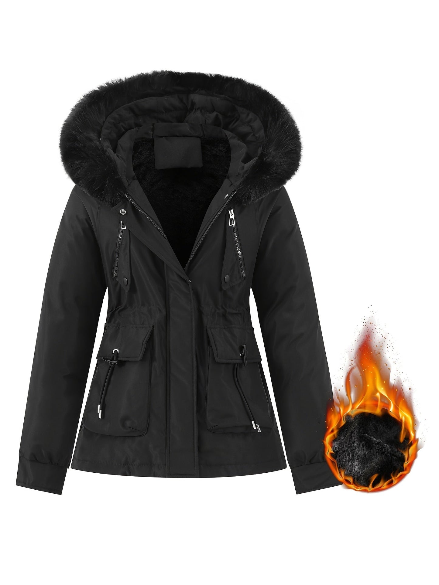 Zip-up Fuzzy Trim Hoodie Parka, Casual Drawstring Waist Winter Coat