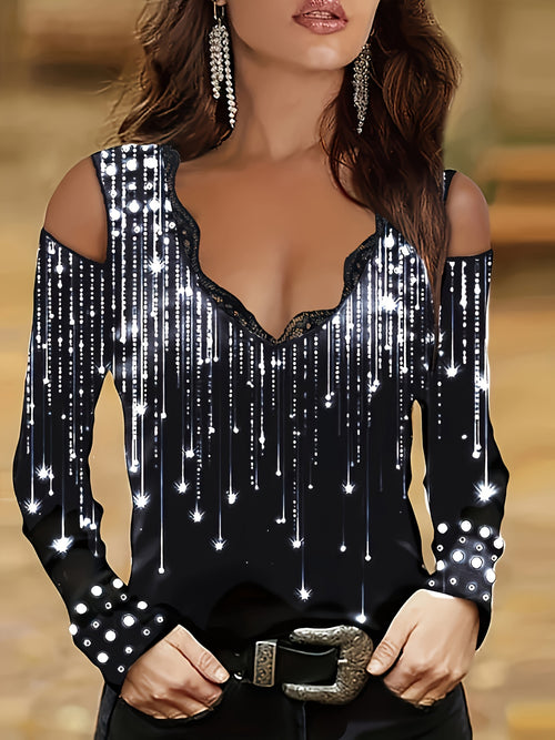 Camiseta com decote em V e acabamento em renda, blusa elegante com ombros descobertos para primavera e outono.