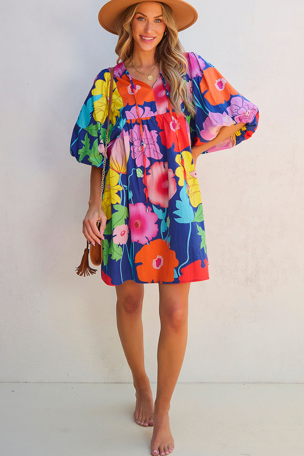 Vestido Babydoll Estampa Floral Decote Redondo
