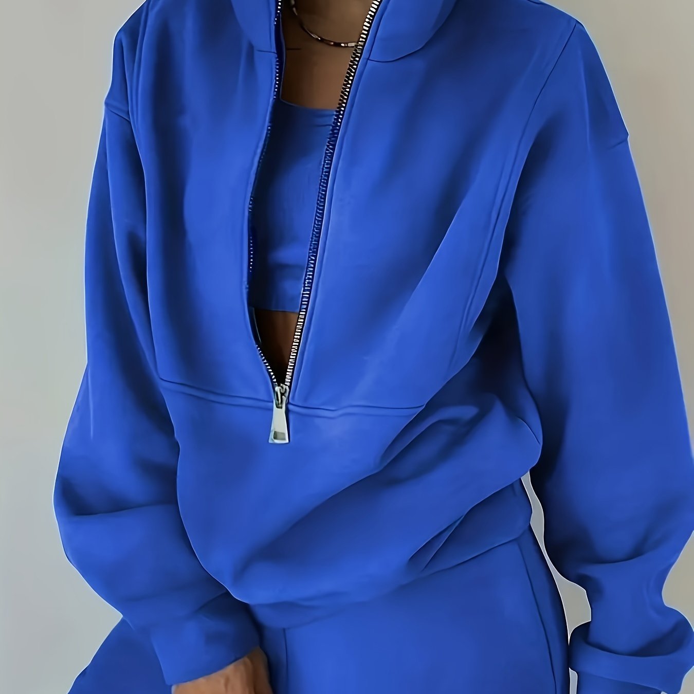 Solid Two-piece Set, Zip Front Sweatshirt & Elastic Waist Pants