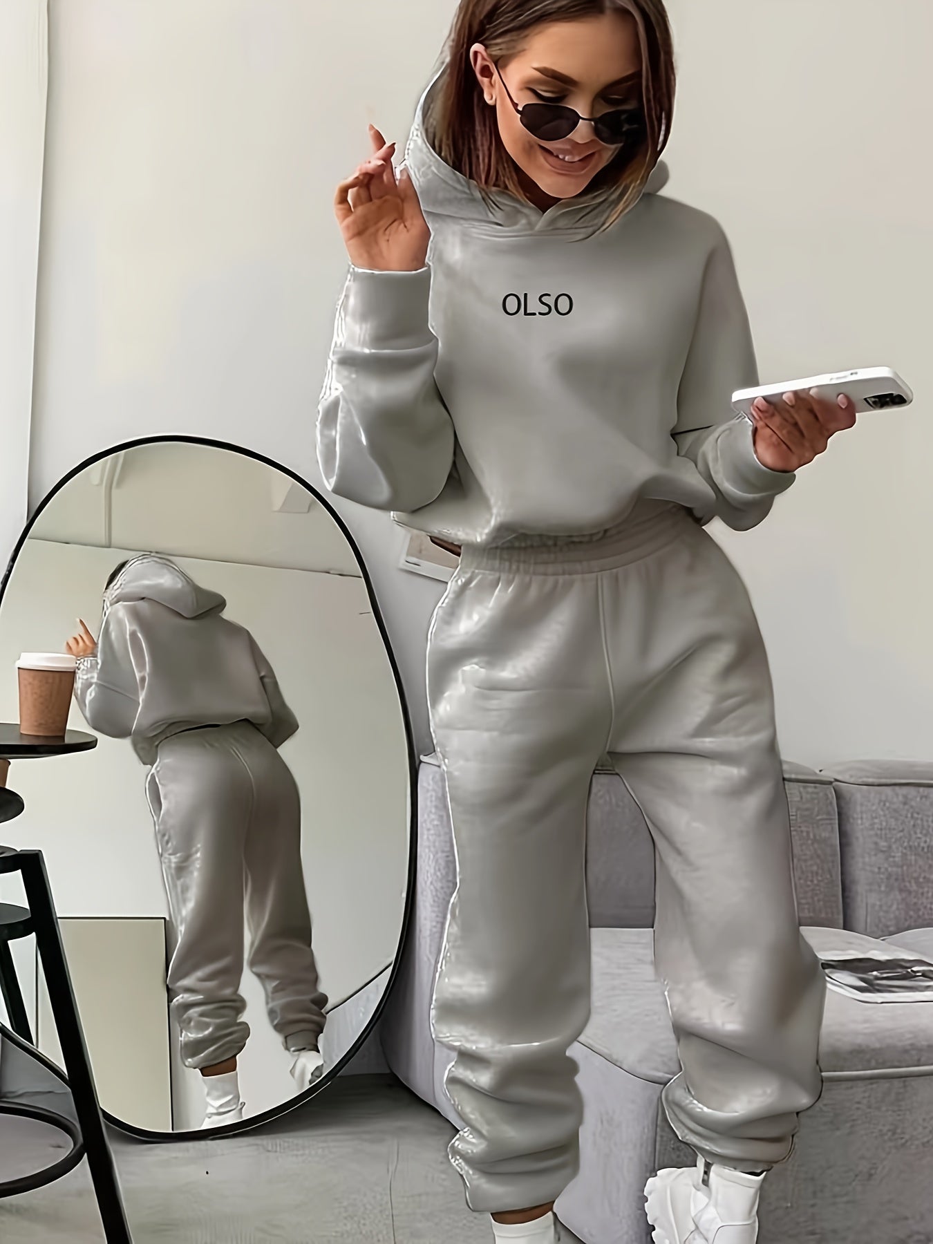 Casual Two-Piece Set - Letter Print Hooded Sweatshirt & Elastic Waist Sweatpants