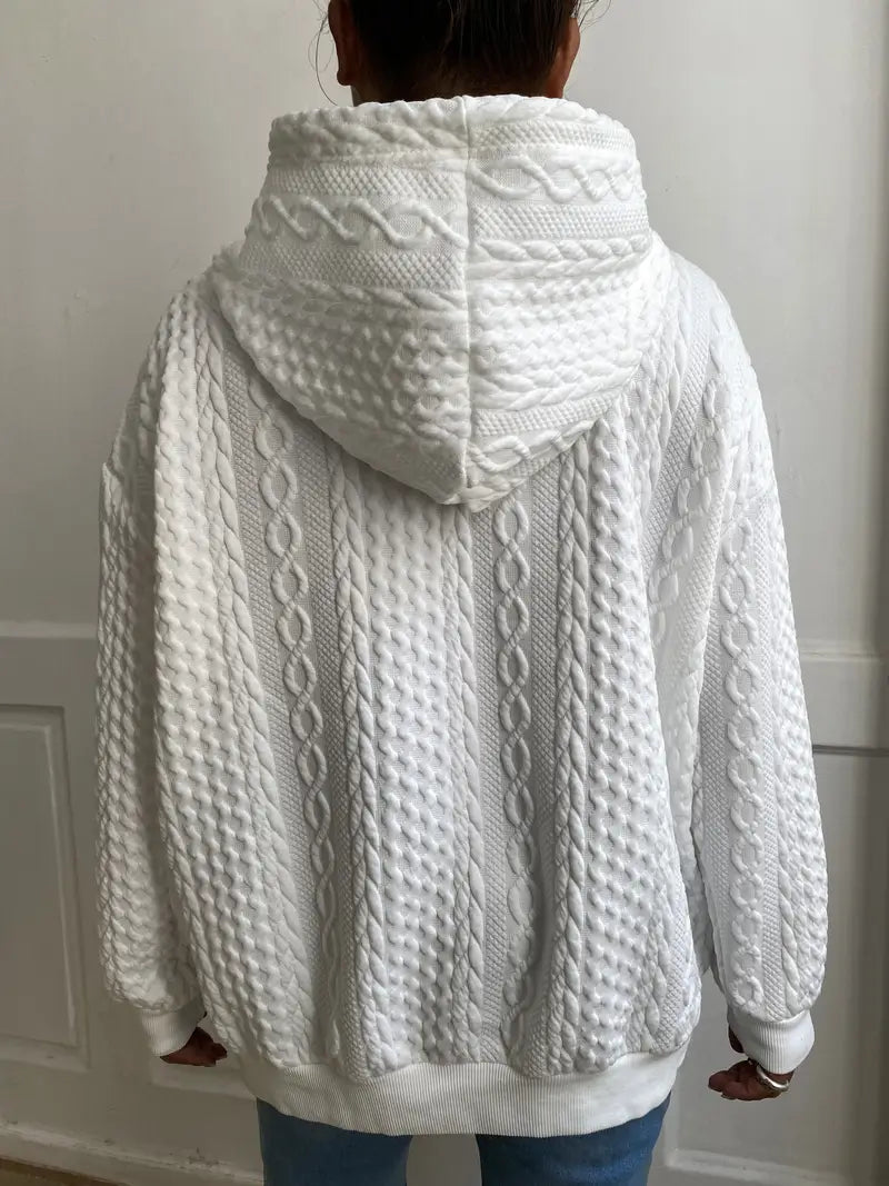 Plus Size Casual Ribbed Hoodie – Solid, Long Sleeve, Slight Stretch, Drawstring Sweatshirt
