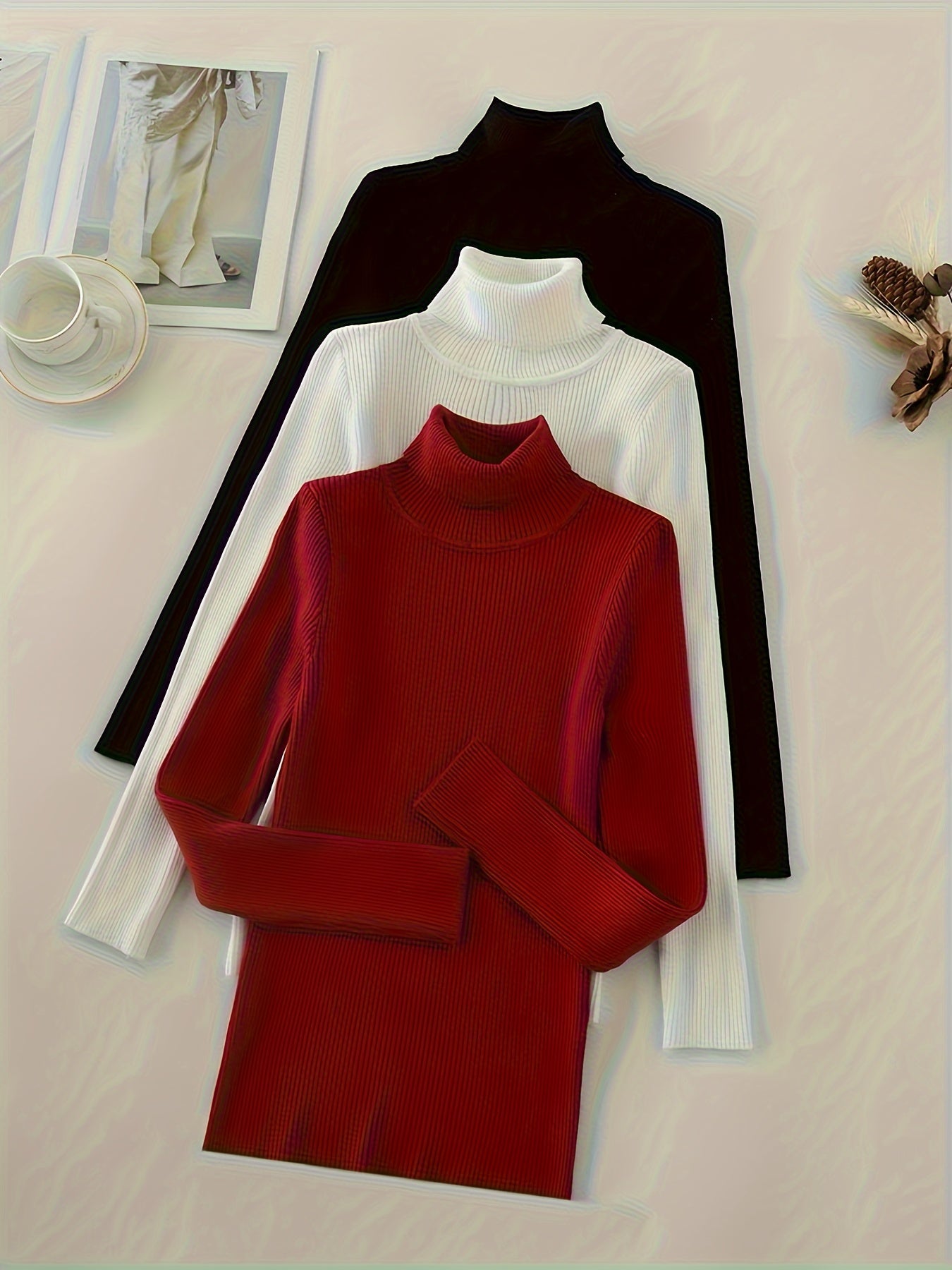 Turtleneck 3-Pack Sweaters - Casual Solid Color Long Sleeve for Fall & Winter