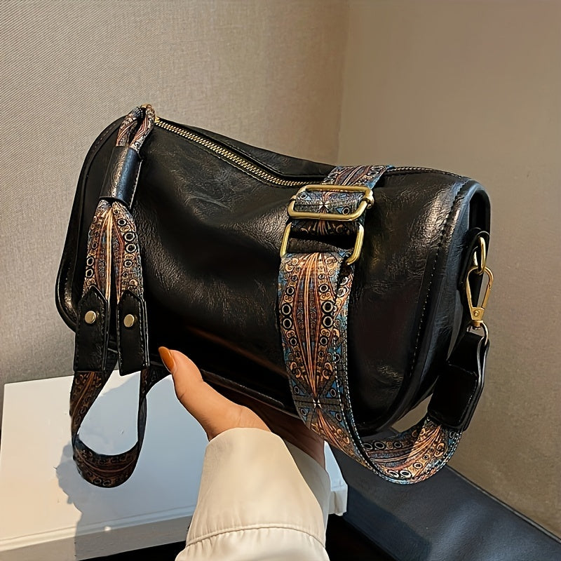 Bolsa tiracolo com zíper e estampa gráfica - estilosa, alça larga, grande capacidade