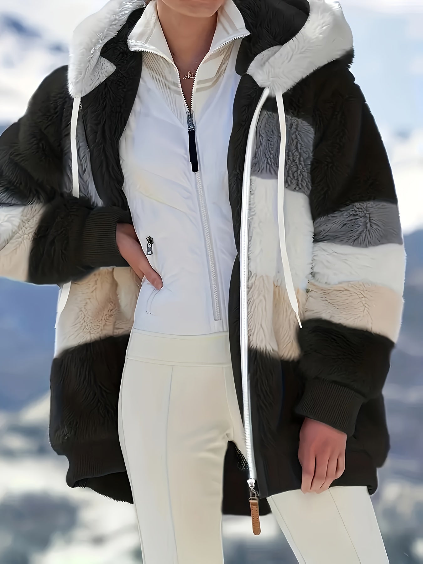 Color Block Fuzzy Hooded Coat, Casual Winter Outerwear.