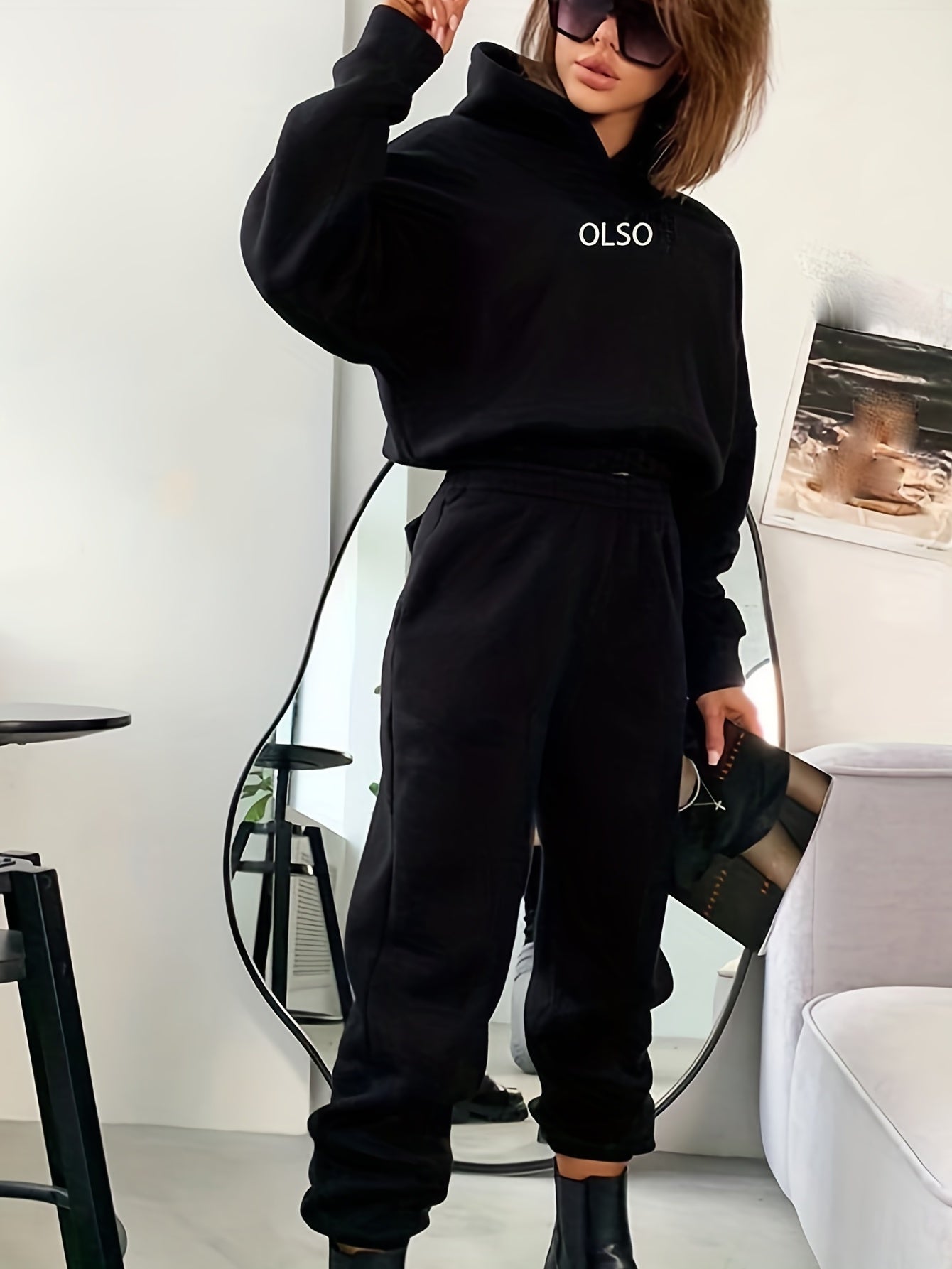 Casual Two-Piece Set - Letter Print Hooded Sweatshirt & Elastic Waist Sweatpants
