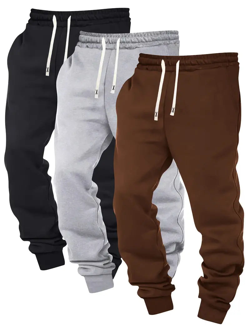 3pcs Men's Joggers - Solid Color, Drawstring Waist, Casual Athletic Sweatpants