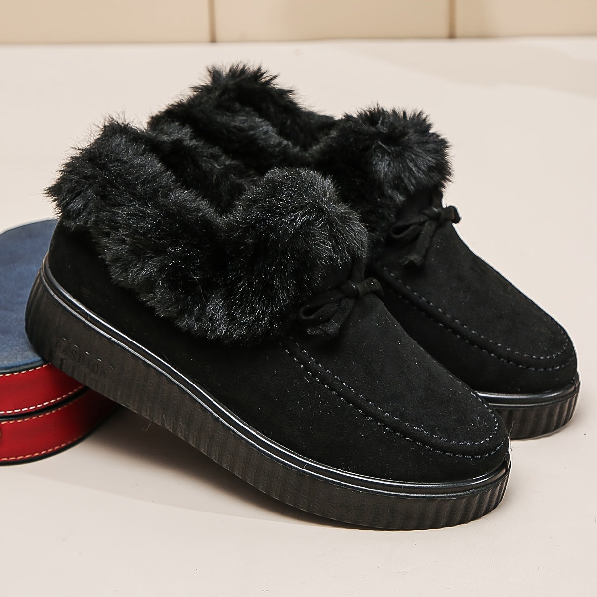 Women's Solid Color Boots, Bowknot Decor Round Toe Non-slip Soft Thick Sole Fluffy Velvet Warm Boots, Winter Comfy Shoes