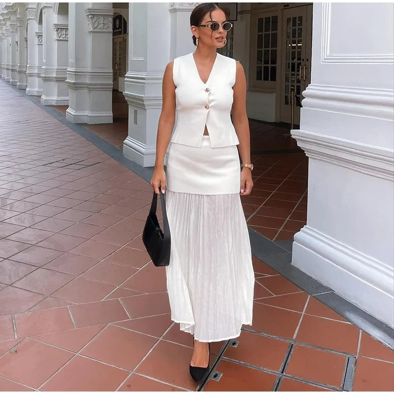 Peyton™ - Conjunto elegante de colete e saia de malha de 2 peças