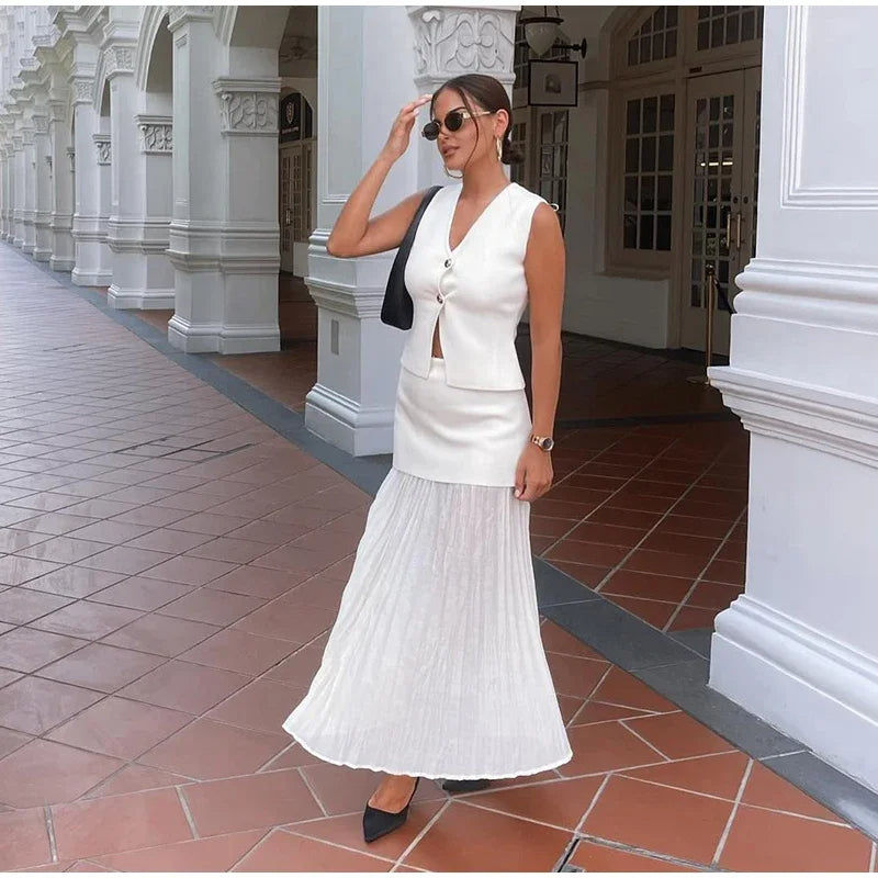 Peyton™ - Conjunto elegante de colete e saia de malha de 2 peças