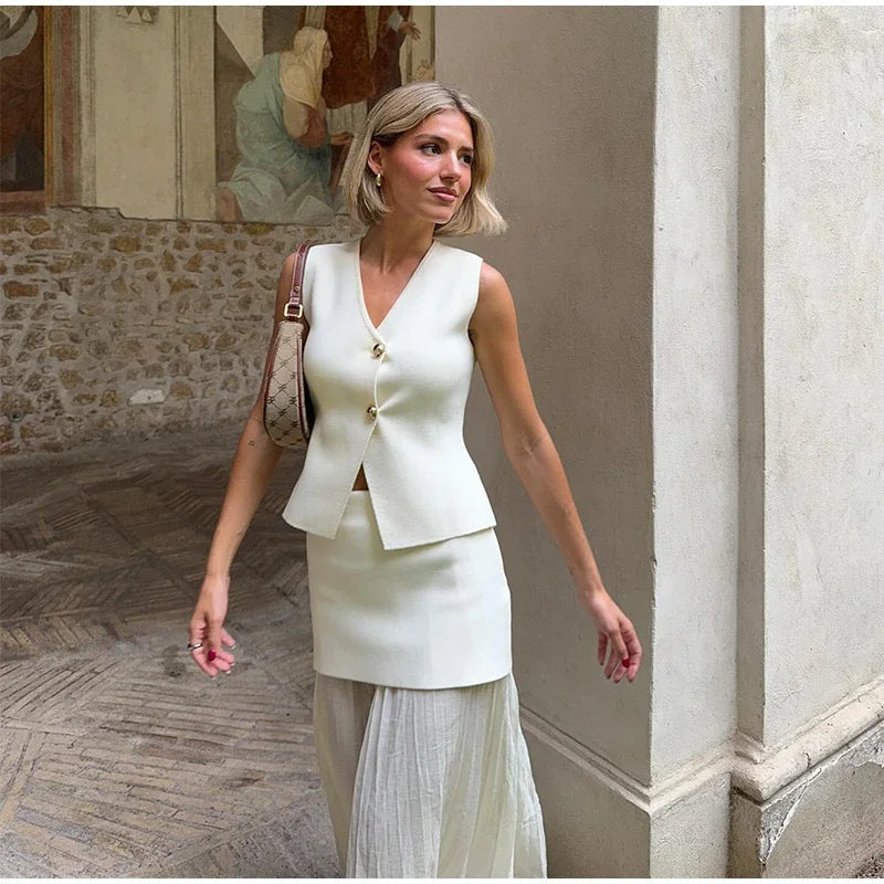 Peyton™ - Conjunto elegante de colete e saia de malha de 2 peças