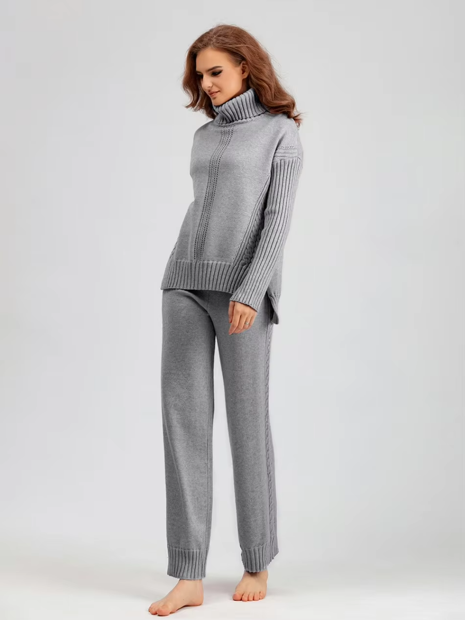Scarlett™ - Stilvolles Set aus hochgeschlossenem Pullover-Strickpullover und lockerer Hose