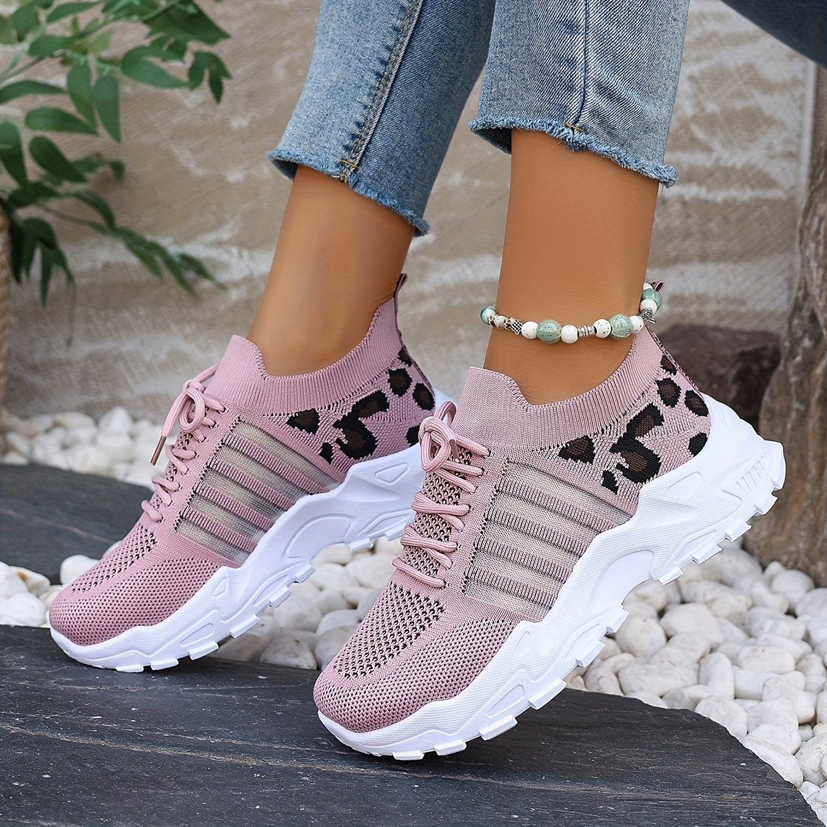 Women's Leopard Print Lace-up Running Shoes, Breathable Platform (Plus Size)