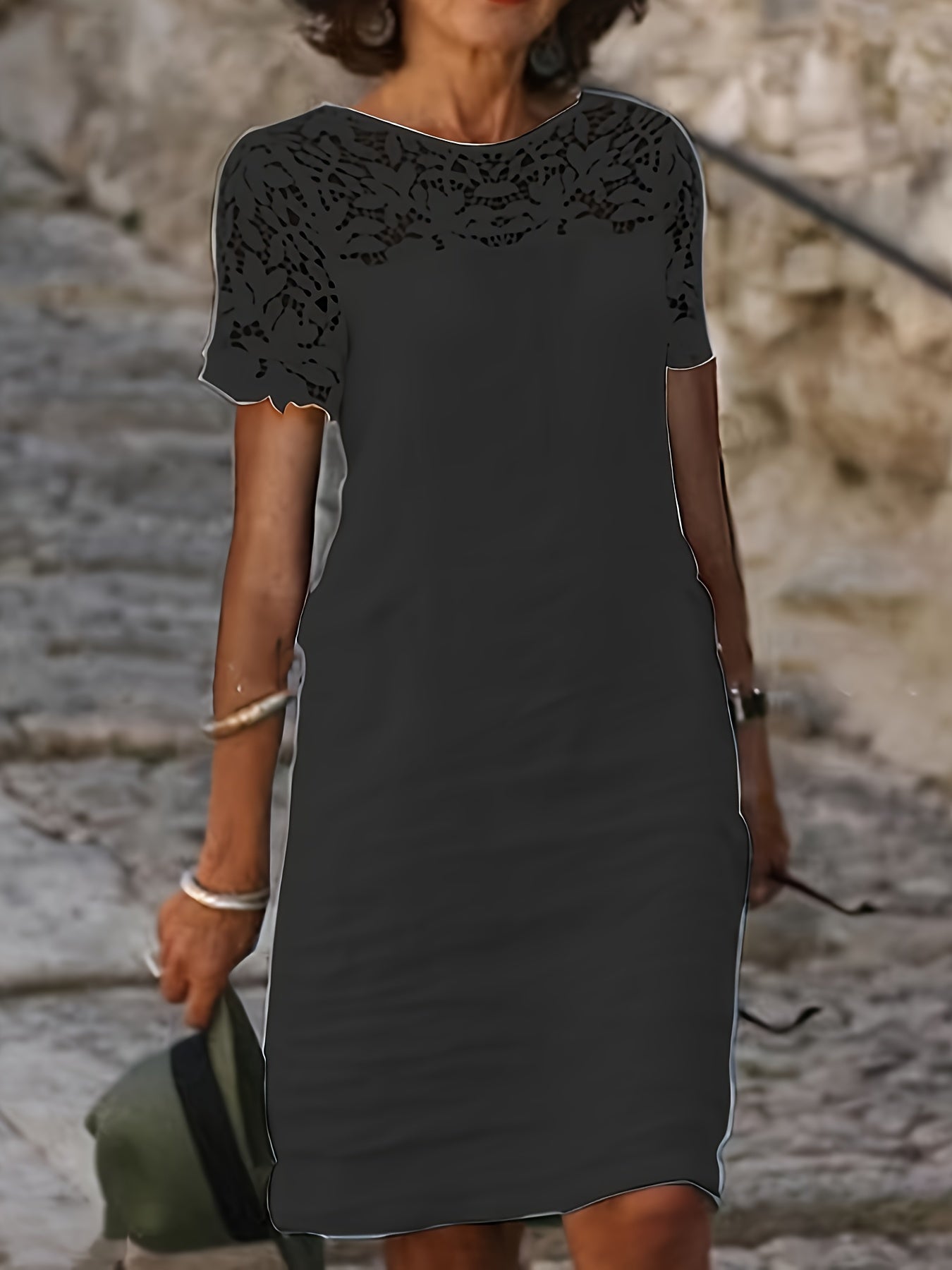 Vestido com renda sólida, manga curta elegante, perfeito para primavera e outono.