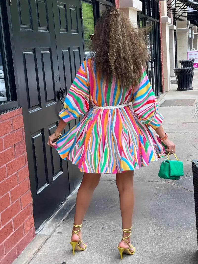 Colorful Striped V-Neck Belted A-Line Dress – Long Sleeve, Machine Washable, Vibrant Streetwear