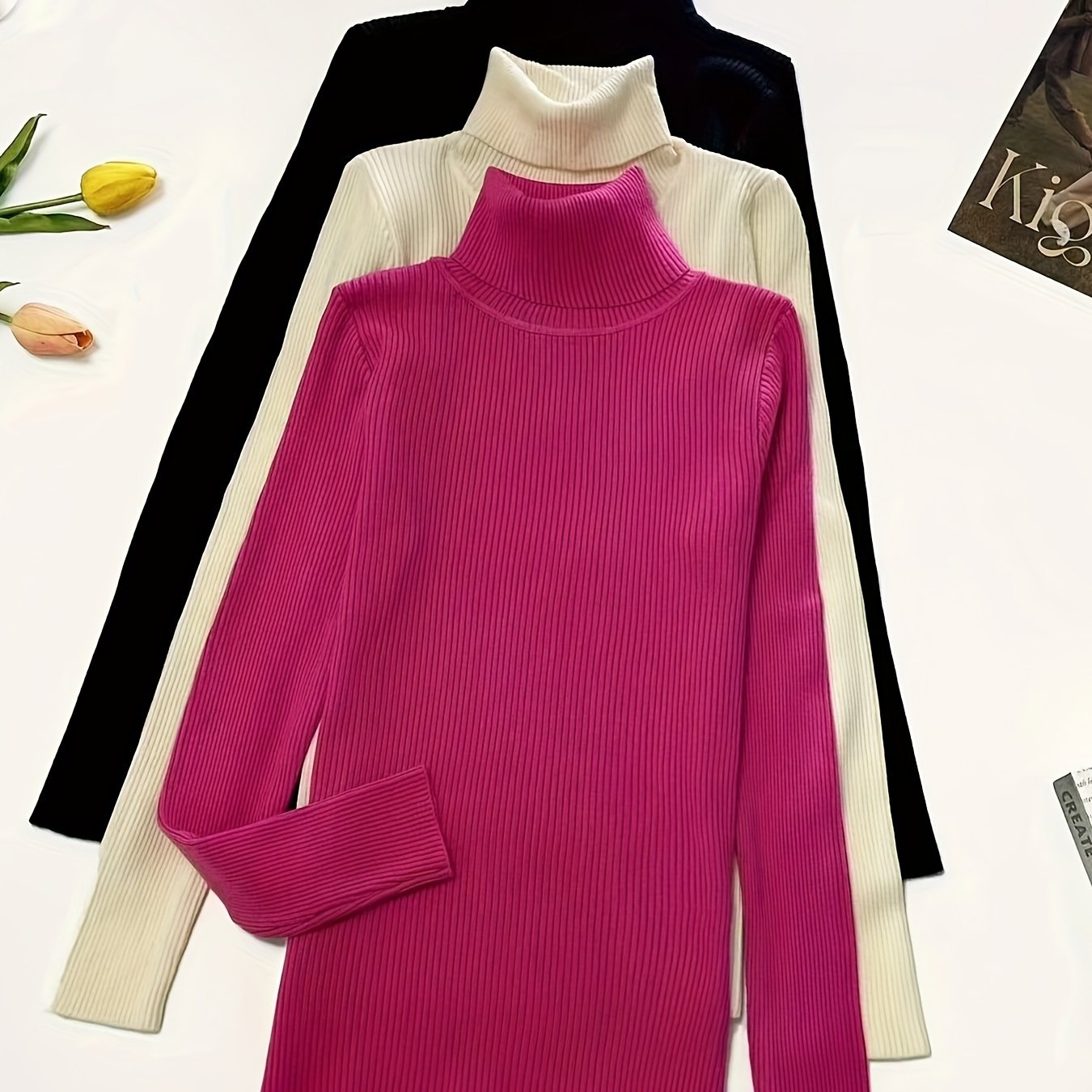 Turtleneck 3-Pack Sweaters - Casual Solid Color Long Sleeve for Fall & Winter