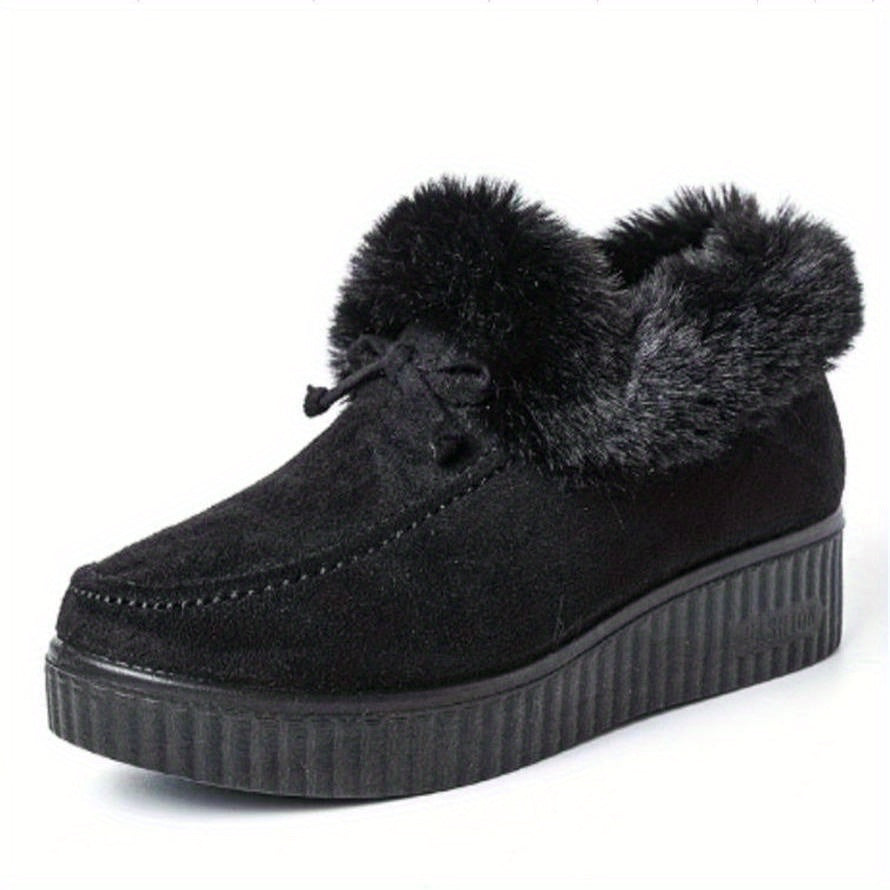 Women's Solid Color Boots, Bowknot Decor Round Toe Non-slip Soft Thick Sole Fluffy Velvet Warm Boots, Winter Comfy Shoes