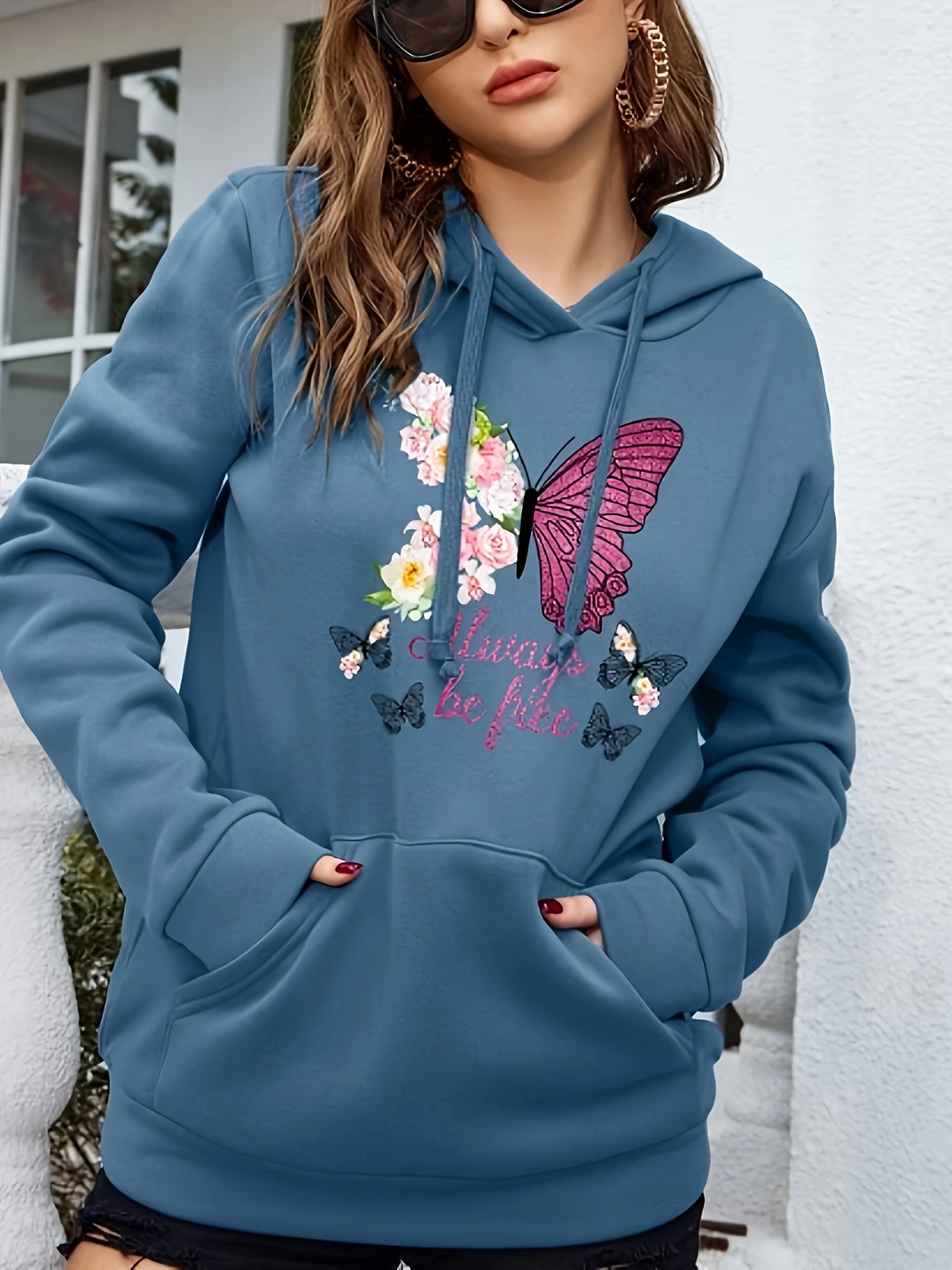 Butterfly & Floral Print Drawstring Hoodie, Casual Long Sleeve Kangaroo Pocket Sweatshirt, Women's Clothing