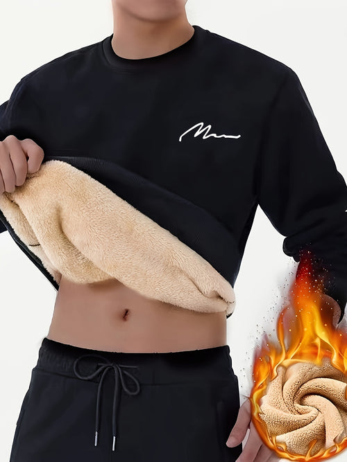 Men's Winter Fleece-Lined Sherpa Sweatshirt, Crew Neck, Casual Knit