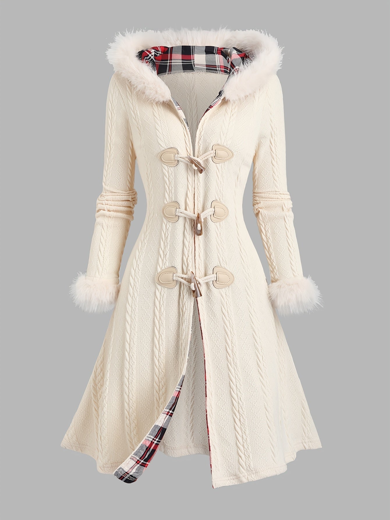 Y2K Plaid Hooded Knit Coat with Faux Fur Trim, Horn Buttons, Long & Warm