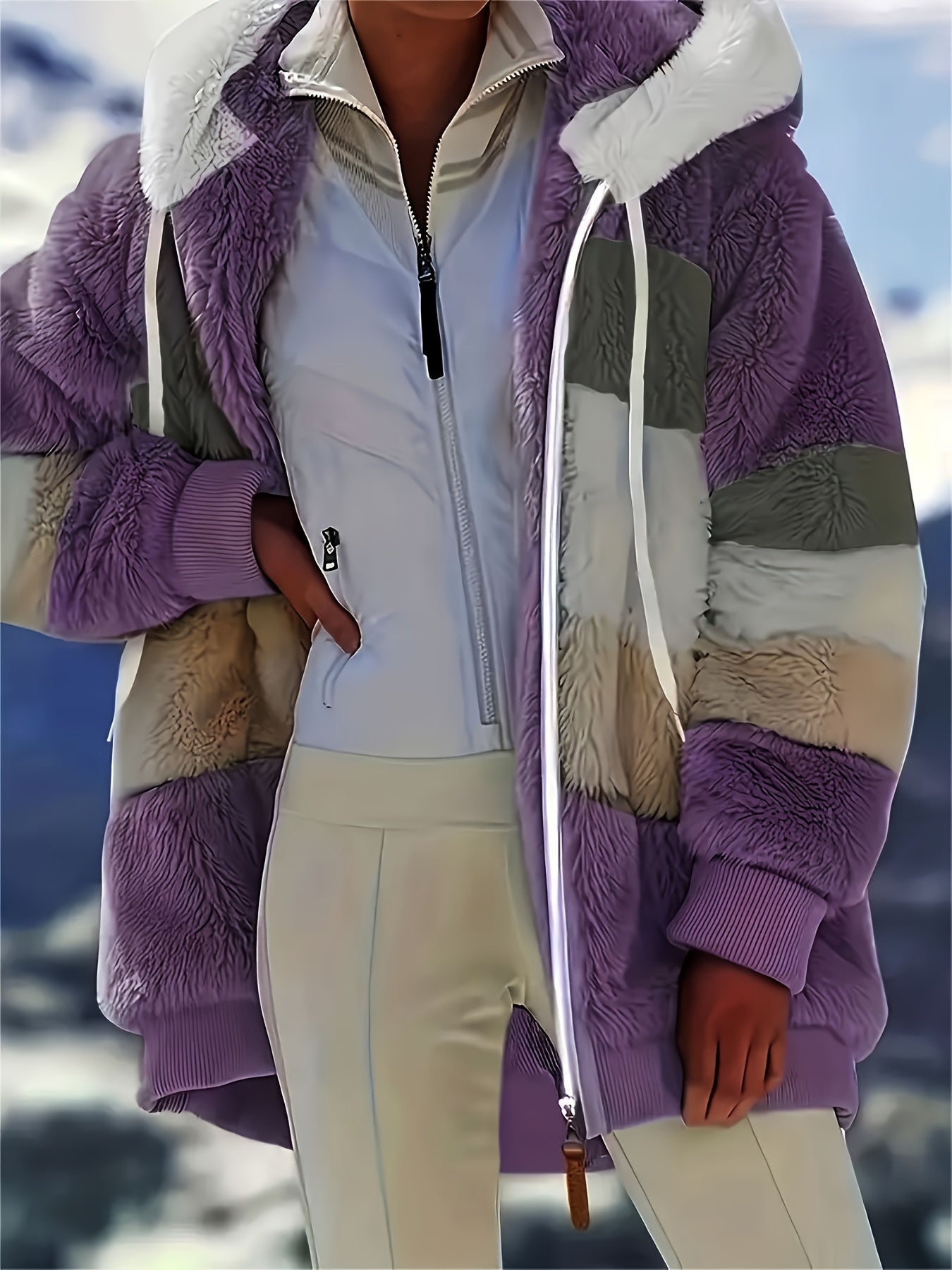Color Block Fuzzy Hooded Coat, Casual Winter Outerwear.