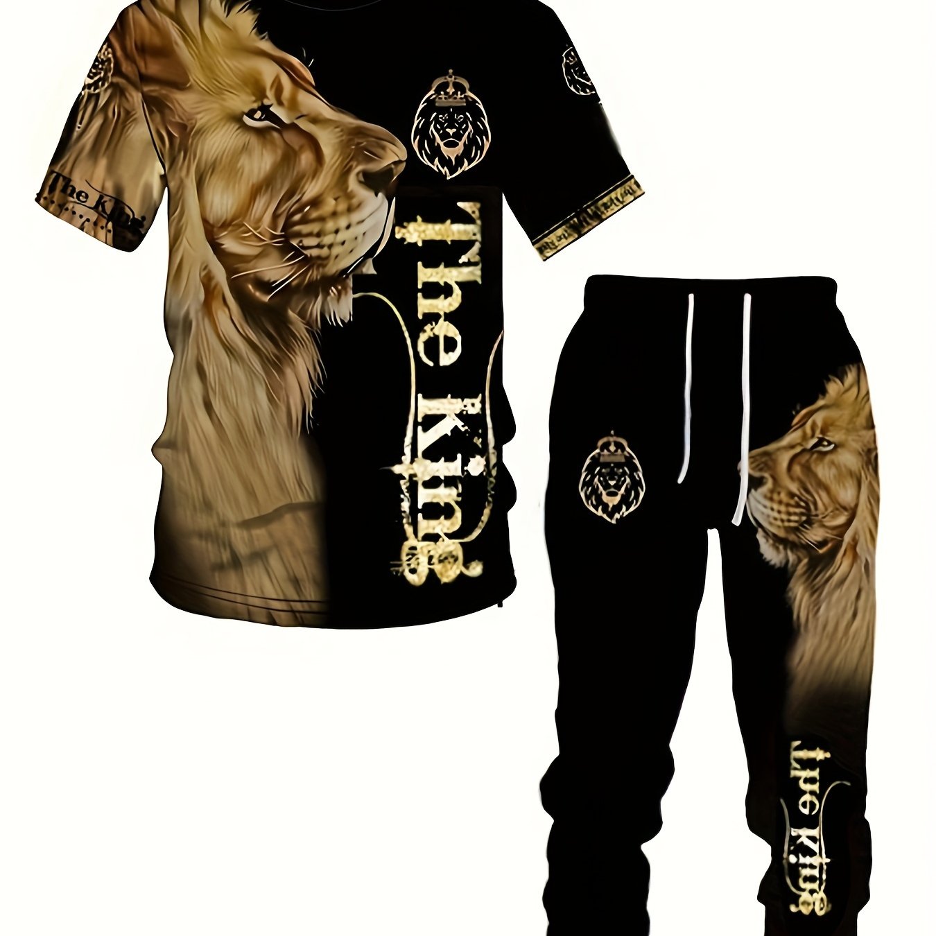 Men's 3D Lion Print Activewear Set, Tee & Pants