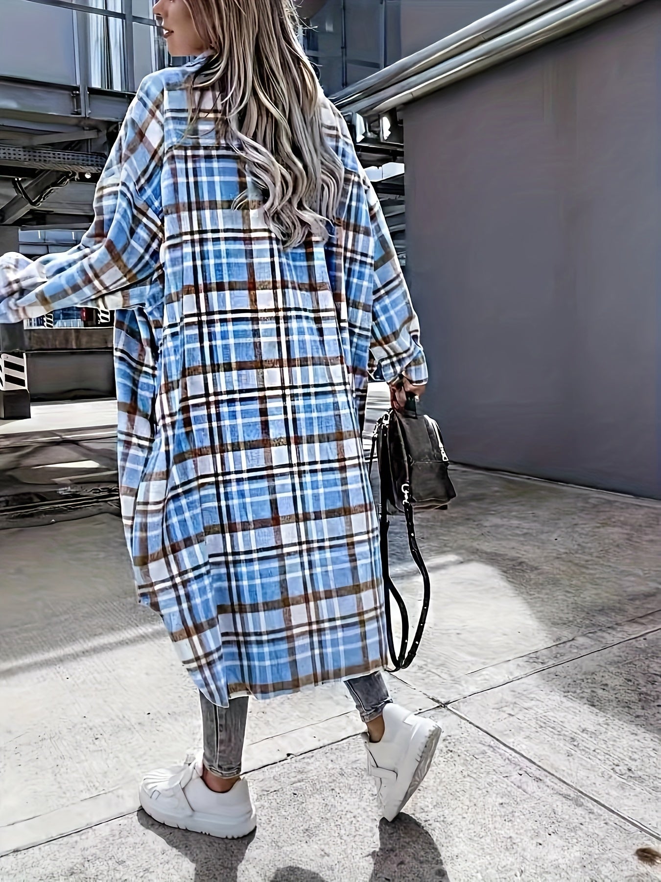 Plaid Print Long Jacket, Casual Button-Front with Flap Pockets.