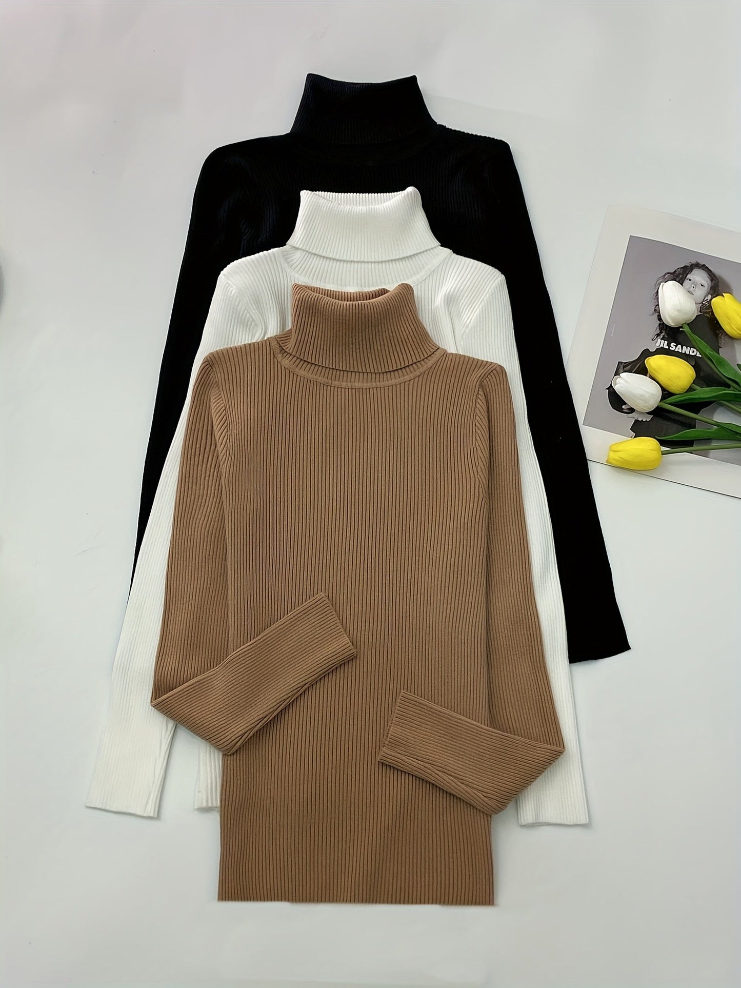 Turtleneck 3-Pack Sweaters - Casual Solid Color Long Sleeve for Fall & Winter