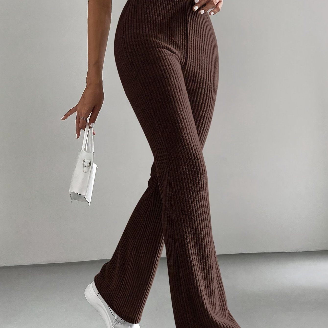 Calça Flare Ribbed de Cor Sólida - Cintura Alta para Primavera e Verão