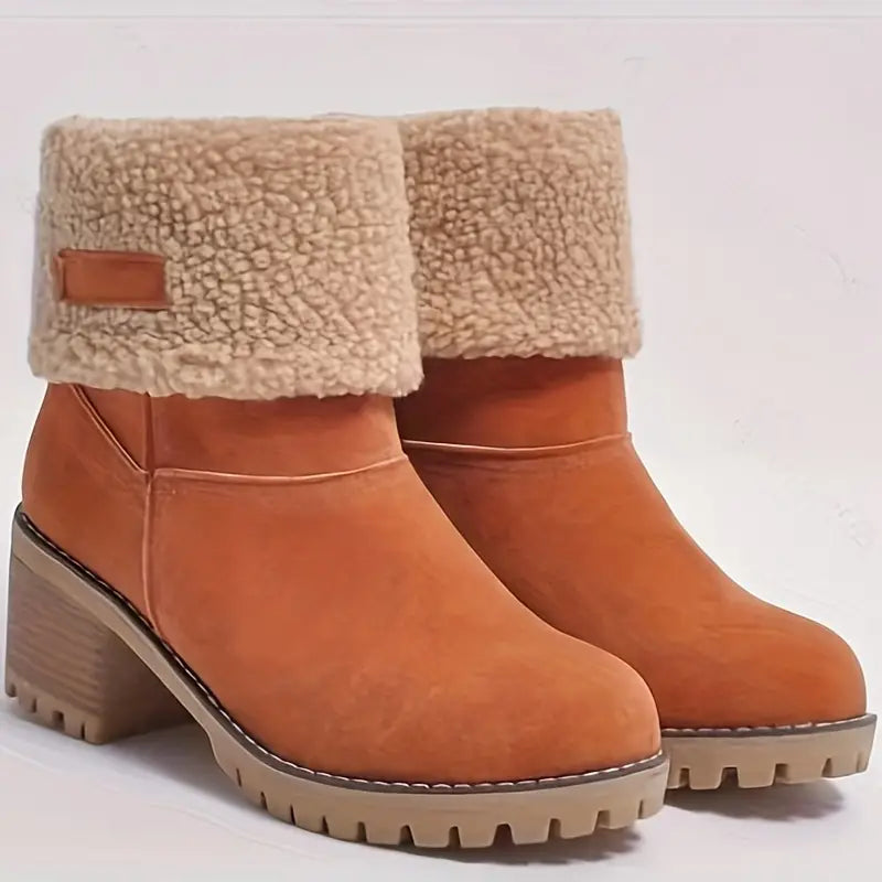 Women's Chunky Heel Boots - Solid Color, Slip-On, Plush Lined Winter Ankle Boots