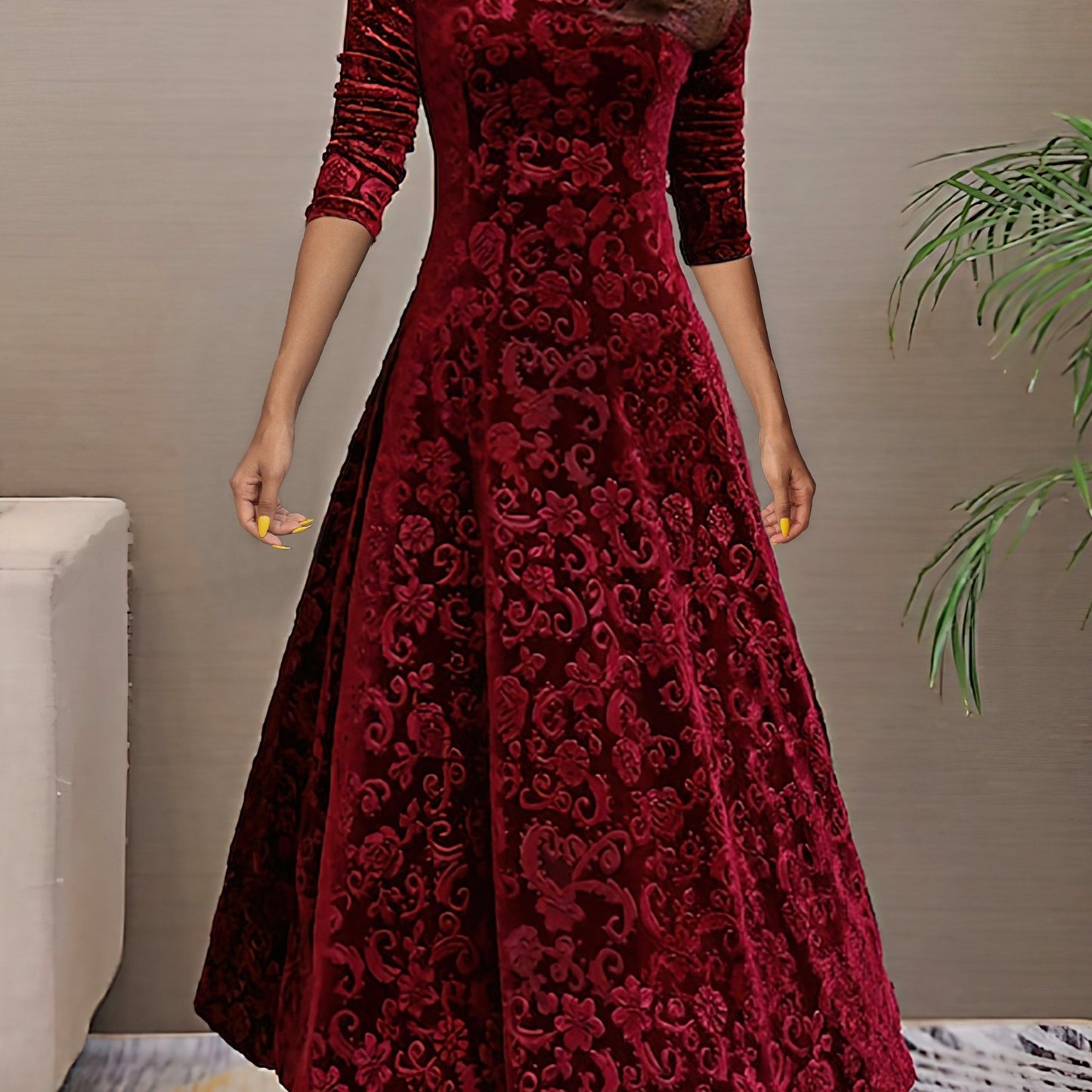 Vestido longo liso, decote em V, manga comprida, estilo elegante para primavera/outono.