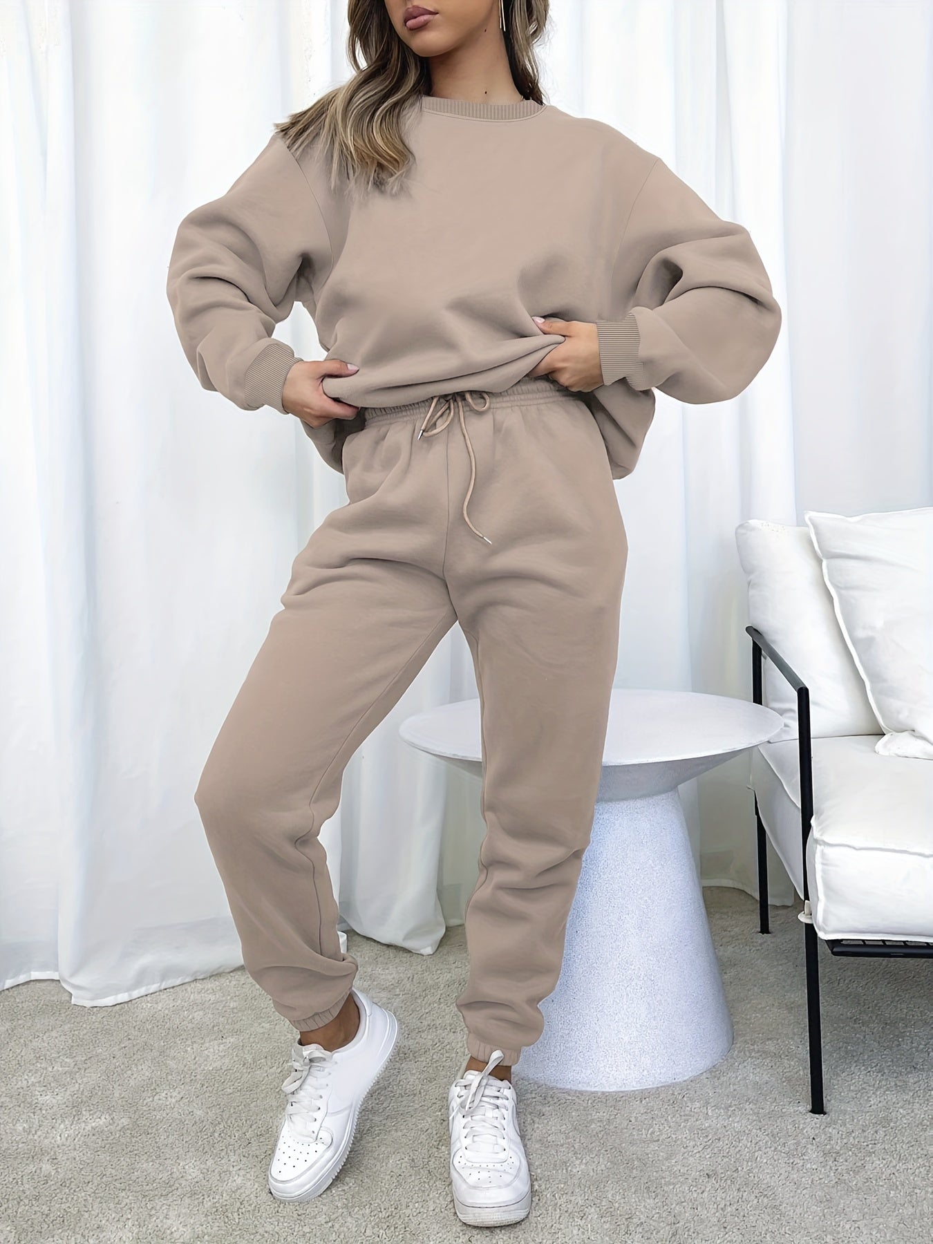 Solid Casual Two-piece Set, Crew Neck Top & Drawstring Jogger Pants
