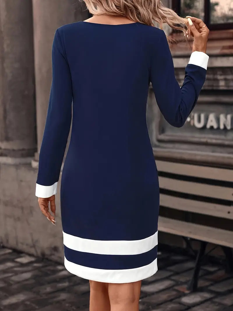 Striped Crew Neck Slim Fit Dress – Elegant Long Sleeve Outfit for Spring & Fall