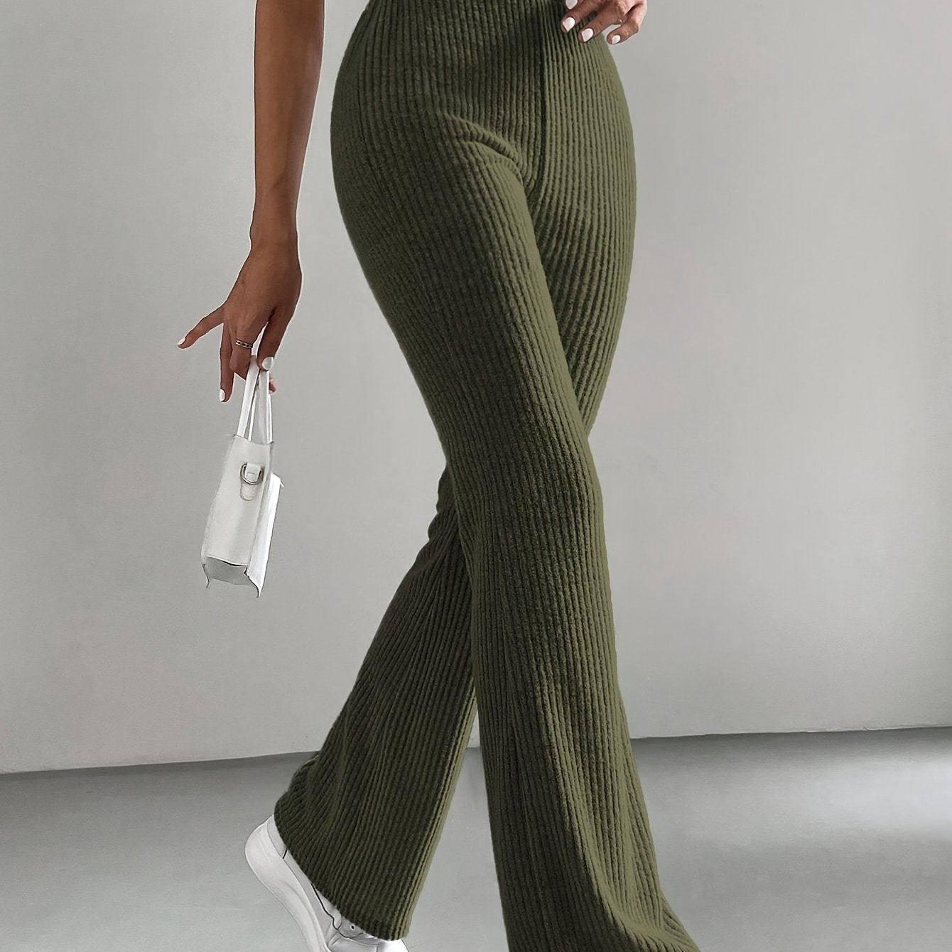 Calça Flare Ribbed de Cor Sólida - Cintura Alta para Primavera e Verão