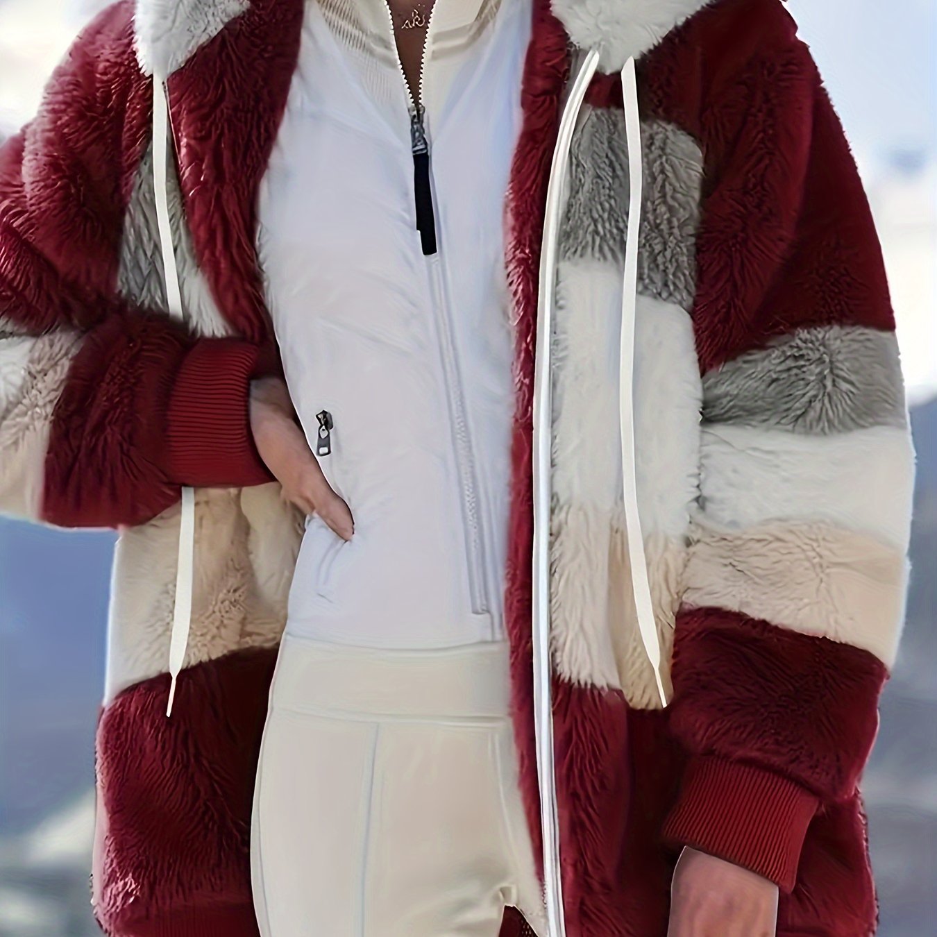 Color Block Fuzzy Hooded Coat, Casual Winter Outerwear.